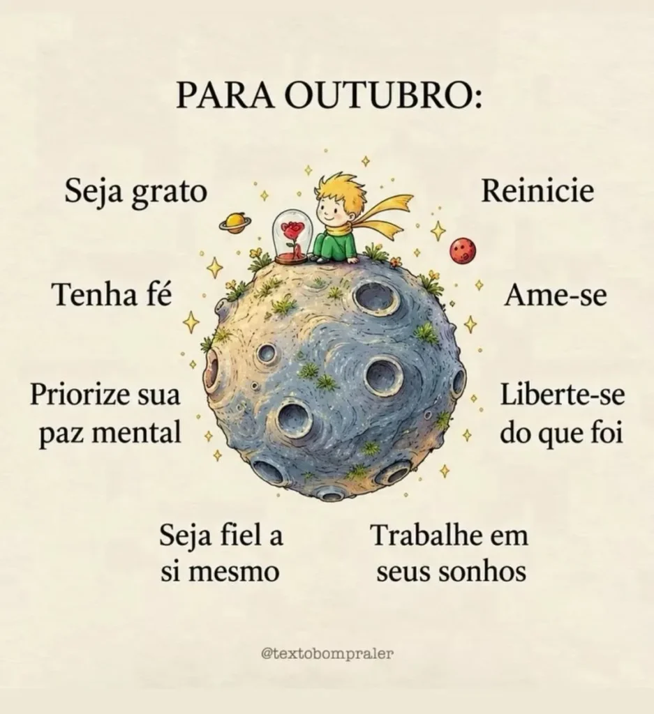 Ilustração do Pequeno Príncipe no asteroide com a rosa, lista de intenções para outubro